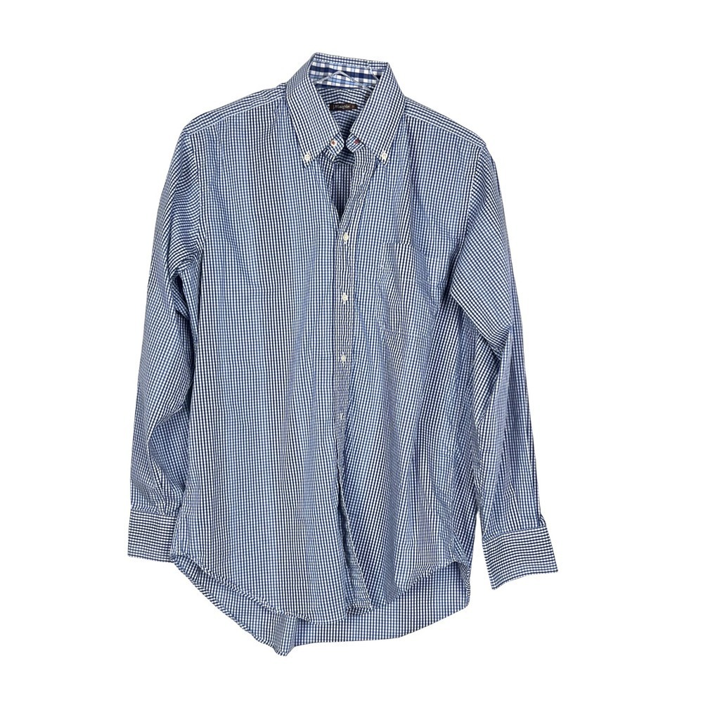 J.McLaughlin Mens Shirt M Gingham Checked  Blue White Contrast Cuffs